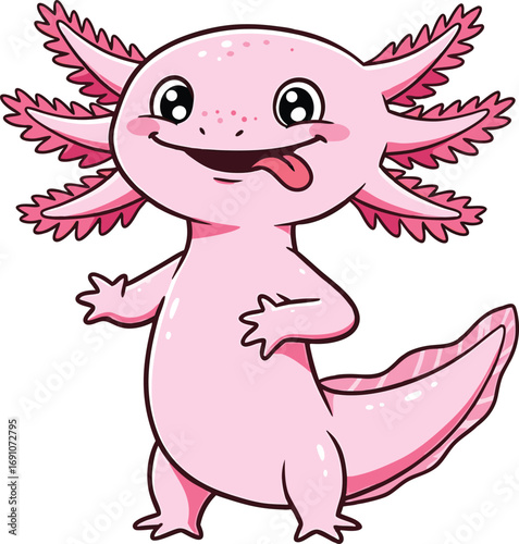 Cute cartoon axolotl smiling and sticking out its tongue in a playful illustrated style