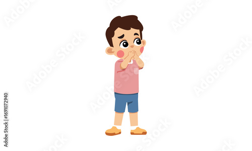 A young boy with brown hair and a pink shirt stands with his hands covering his mouth, looking upwards with wide, worried eyes.
