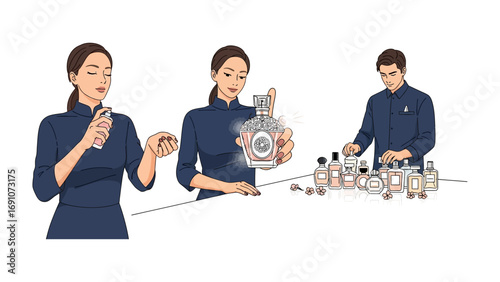 Young woman applying makeup with brushes and tools while sitting at a desk with a laptop and cosmetics in a studio setting