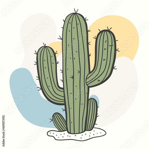 Charming Saguaro Cactus with Abstract Shapes in Pastel Tones, a Delightful Botanical Illustration Perfect for Nature Lovers and Desert Themed Designs