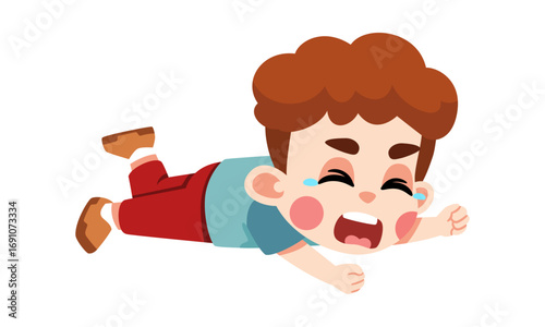 A cartoon boy is lying on the ground crying.