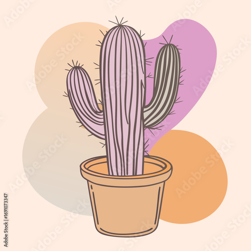 Charming potted cactus with soft abstract shapes, bringing a touch of minimalist desert warmth and bohemian flair to any contemporary design project or lifestyle aesthetic.
