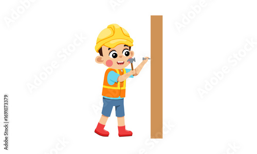 A cartoon boy in a construction worker costume hammering a nail into a wooden plank.