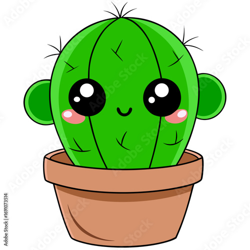 Adorable cartoon cactus with big eyes and rosy cheeks sprouts with joy from a terracotta pot, bringing a touch of whimsical charm to any creative project.