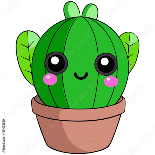 Adorable kawaii cactus character smiling sweetly with rosy cheeks and big, expressive eyes, nestled in a terracotta pot