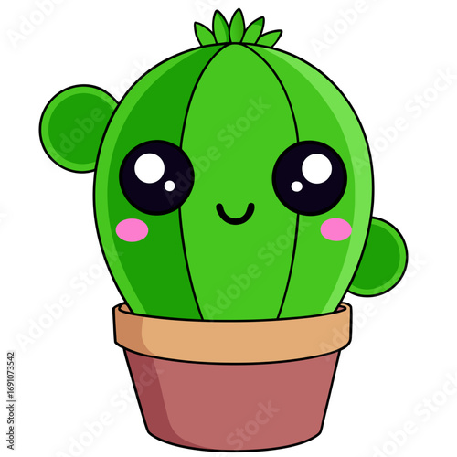 Adorable cartoon cactus character with big happy eyes and rosy cheeks, perfect for children's books, playful branding, and cheerful digital designs.