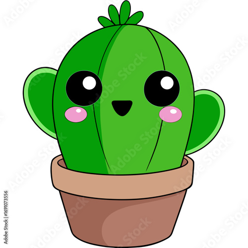 Adorable cartoon cactus in a terracotta pot with big friendly eyes and rosy cheeks, radiating cheerful vibes perfect for kids' designs and playful branding