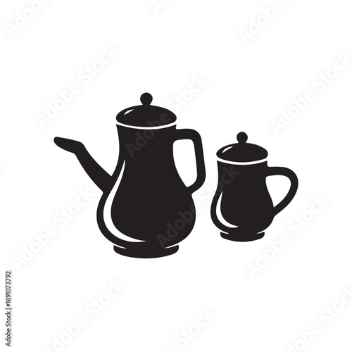 Black and white silhouette of a traditional tea set.A simple, elegant silhouette of two ceramic or metal teapots.