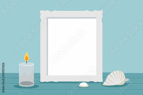 a distressed white frame  empty  on a weathered wo