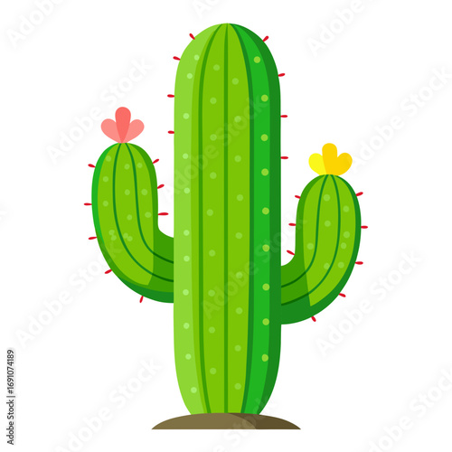 Vibrant green saguaro cactus with pink and yellow blooms radiates desert charm, perfect for natural design projects and vibrant summer themes.