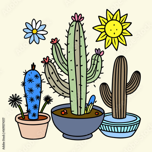 Whimsical potted desert plants and cheerful sun illustration brings vibrant, playful charm to any creative project, perfect for summer themes and botanical designs.