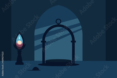 a mysterious scene with an empty  heavy iron frame