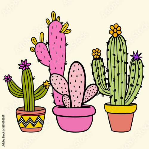 Vibrant potted cacti burst with playful colors and charming floral accents, bringing a cheerful desert vibe to any creative project seeking a touch of modern whimsy and natural beauty.