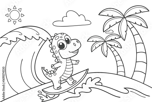 A whimsical coloring page featuring a charming baby dinosaur riding a surfboard on a large ocean wave.