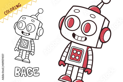 A cheerful, cartoonish robot character, "Bage," is depicted in a black and white coloring page format.