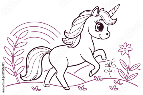 A whimsical, black and white coloring page featuring a cartoon unicorn in a grassy meadow.