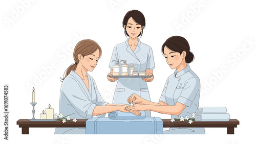 Relaxing flower petal therapy session with a woman receiving a floral treatment while two therapists arrange flowers and petals for a serene spa experience