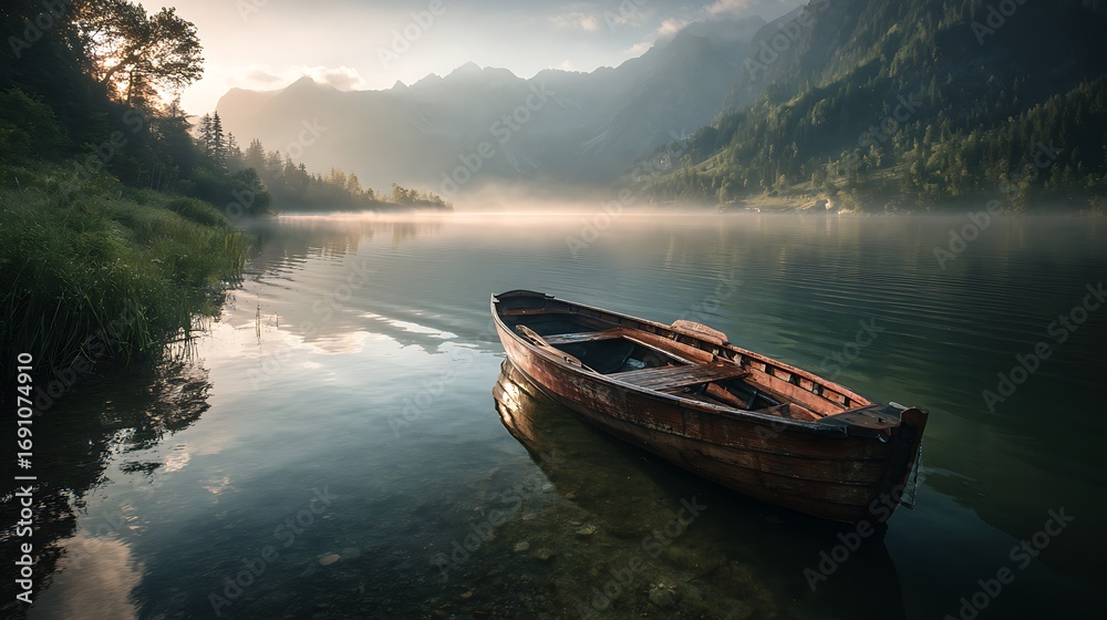 Fototapeta premium Morning mist over lake with boat illustration images