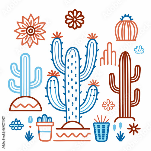 Vibrant desert flora collection featuring playful cacti and blooming flowers in a modern, stylized design perfect for graphic projects and themed decorations