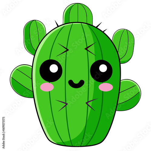 Adorable Kawaii cactus character with cute blushing cheeks and wide happy eyes, a delightful and charming illustration perfect for adding a touch of joy and whimsy to any project.