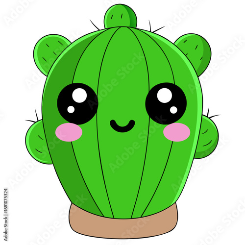 Adorable kawaii green cactus character with big expressive eyes and rosy cheeks, perfect for fun designs and playful projects