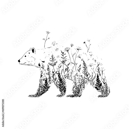 Bear silhouette with floral design nature wildlife art print animal illustration wall decor botanical drawing 100