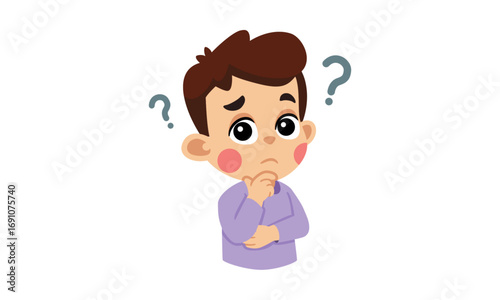 A cartoon illustration of a young boy with brown hair, looking confused with question marks.
