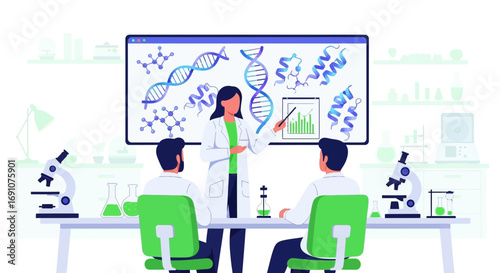 Scientist presenting research findings on DNA and molecular structures to colleagues in a