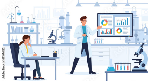 Scientists collaborating on medical research and data analysis in laboratory setting showing