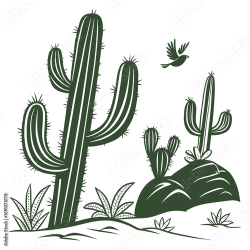 Vibrant desert landscape featuring iconic saguaro cacti, smaller succulents, and a soaring bird against rolling dunes, capturing the essence of arid beauty and wild freedom.