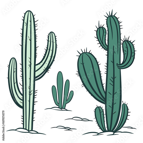Vibrant desert cacti collection with diverse shapes and sizes, evoking arid landscapes and resilient nature, perfect for thematic design projects and naturalistic illustrations.
