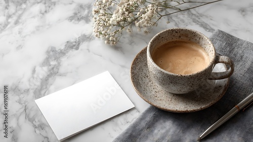 Warm coffee cup and business card on marble surface with pen and plant