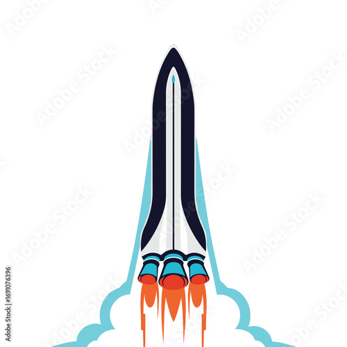 A spectacular rocket launch accelerating upwards through blue smoke clouds