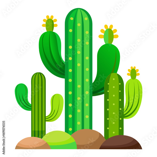 Vibrant desert scene featuring a variety of green cacti with yellow blossoms, set against a clean backdrop with stylized rocks, perfect for natural themes and summer designs.