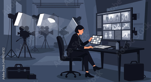 Post-production editing: Woman working on film in a dark studio with cameras and lights analyzing