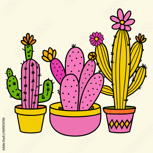 Vibrant potted cacti bloom with cheerful flowers, bringing a splash of desert charm and playful botanical style to any creative project.