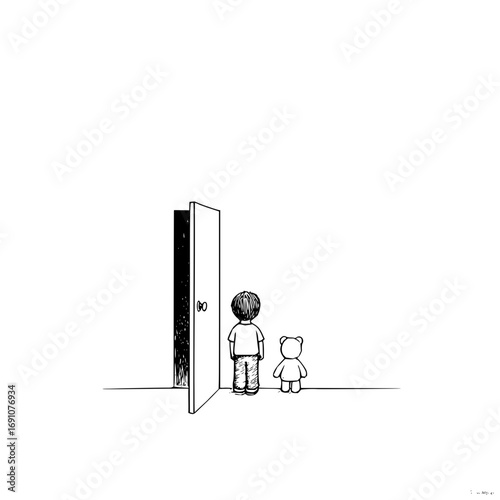 Boy and teddy bear looking at open door illustration art print home decor wall art black and white drawing