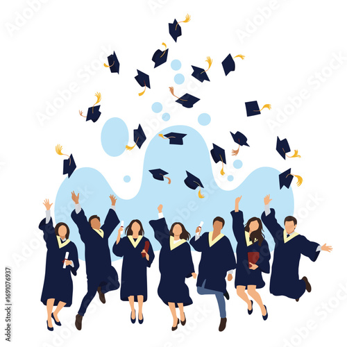 Diverse group of graduates celebrating graduation day throwing caps in the air