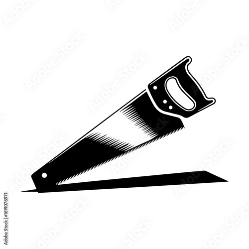 Vintage hand saw with textured blade and shadow isolated on white vector