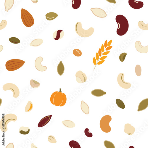 A whimsical pattern featuring various healthy seeds nuts grains and a tiny pumpkin