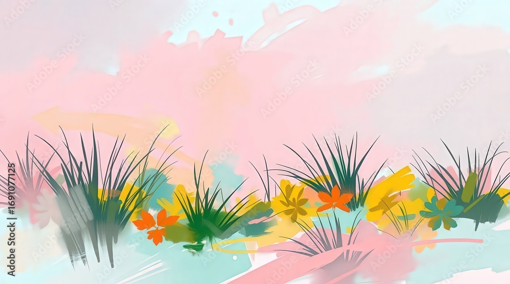 Fototapeta premium Vibrant abstract meadow with lush grass and colorful flowers, perfect for spring themes