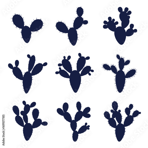 Collection of nine diverse prickly pear cactus silhouettes in a grid layout