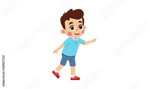 Cartoon boy in blue shirt and shorts pointing to the right.