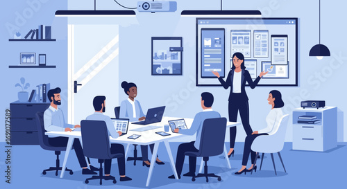 Modern business presentation in a meeting room with diverse team members brainstorming innovative
