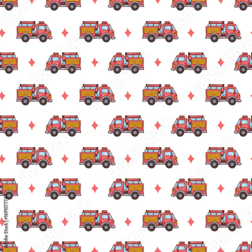 Seamless pattern cartoon fire engines colorful hand drawn illustration in flat style for kids design