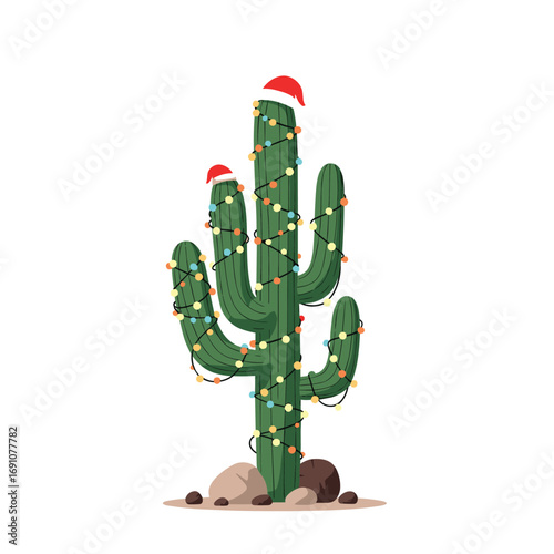 Christmas cactus decoration with festive holiday lights and santa hats in desert environment