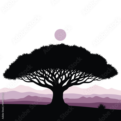 Serene silhouette of a majestic tree under a softly glowing orb in a mountainous landscape