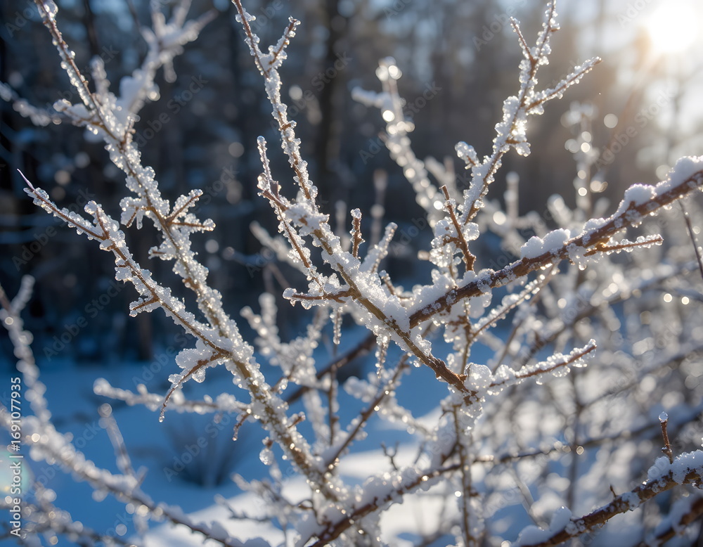 Obraz premium Close-up of frosty tree branches covered with ice crystals on a cold winter morning