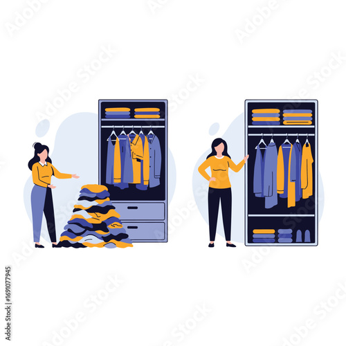 Woman organizing a cluttered wardrobe into a neat and tidy closet space