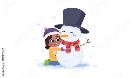 A little girl hugs a friendly snowman in winter.